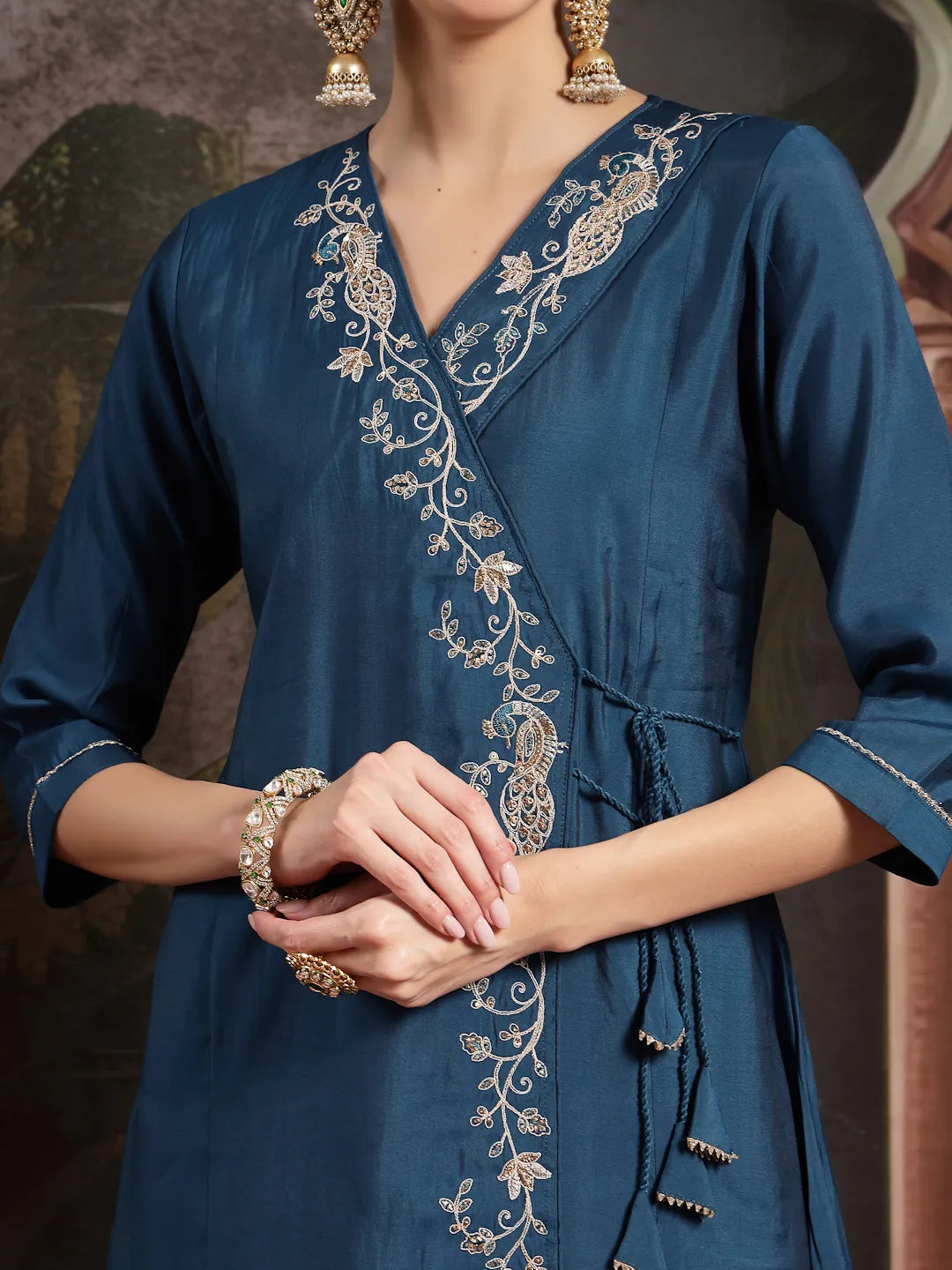 Teal Silk Blend Dori Embroidery Angrakha Kurta Set With Divider Palazzo