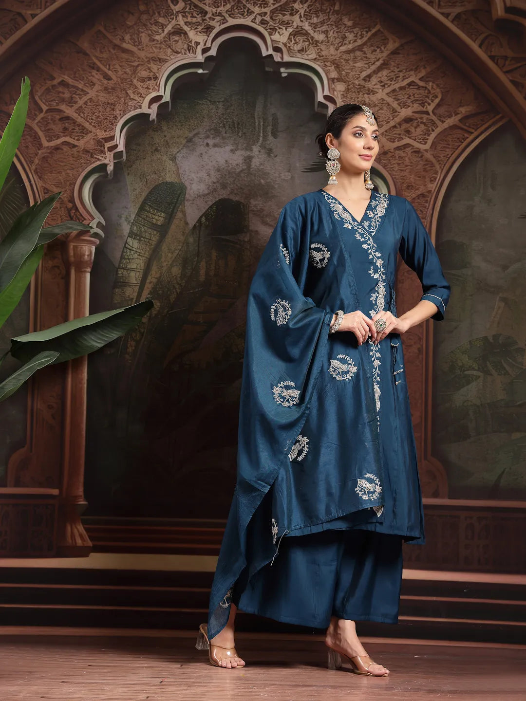 Teal Silk Blend Dori Embroidery Angrakha Kurta Set With Divider Palazzo