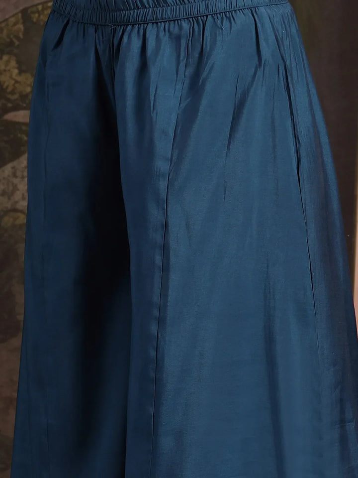 Teal Silk Blend Dori Embroidery Angrakha Kurta Set With Divider Palazzo