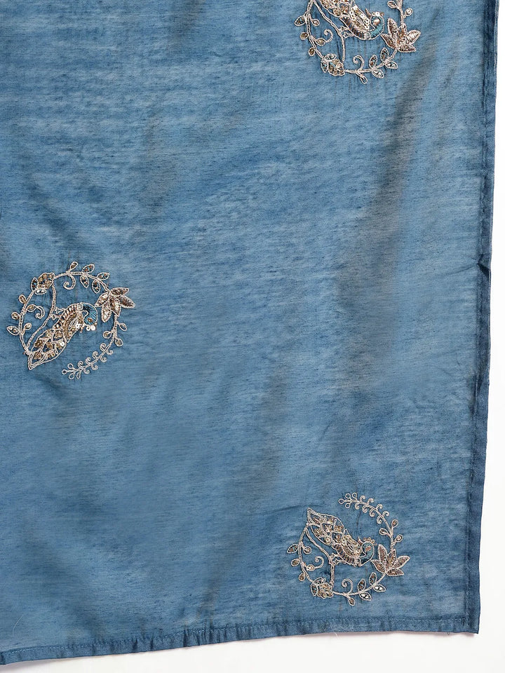 Teal Silk Blend Dori Embroidery Angrakha Kurta Set With Divider Palazzo