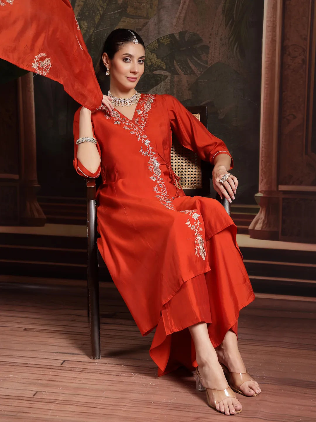 Orange Silk Blend Dori Embroidery Angrakha Kurta Set With Divider Palazzo