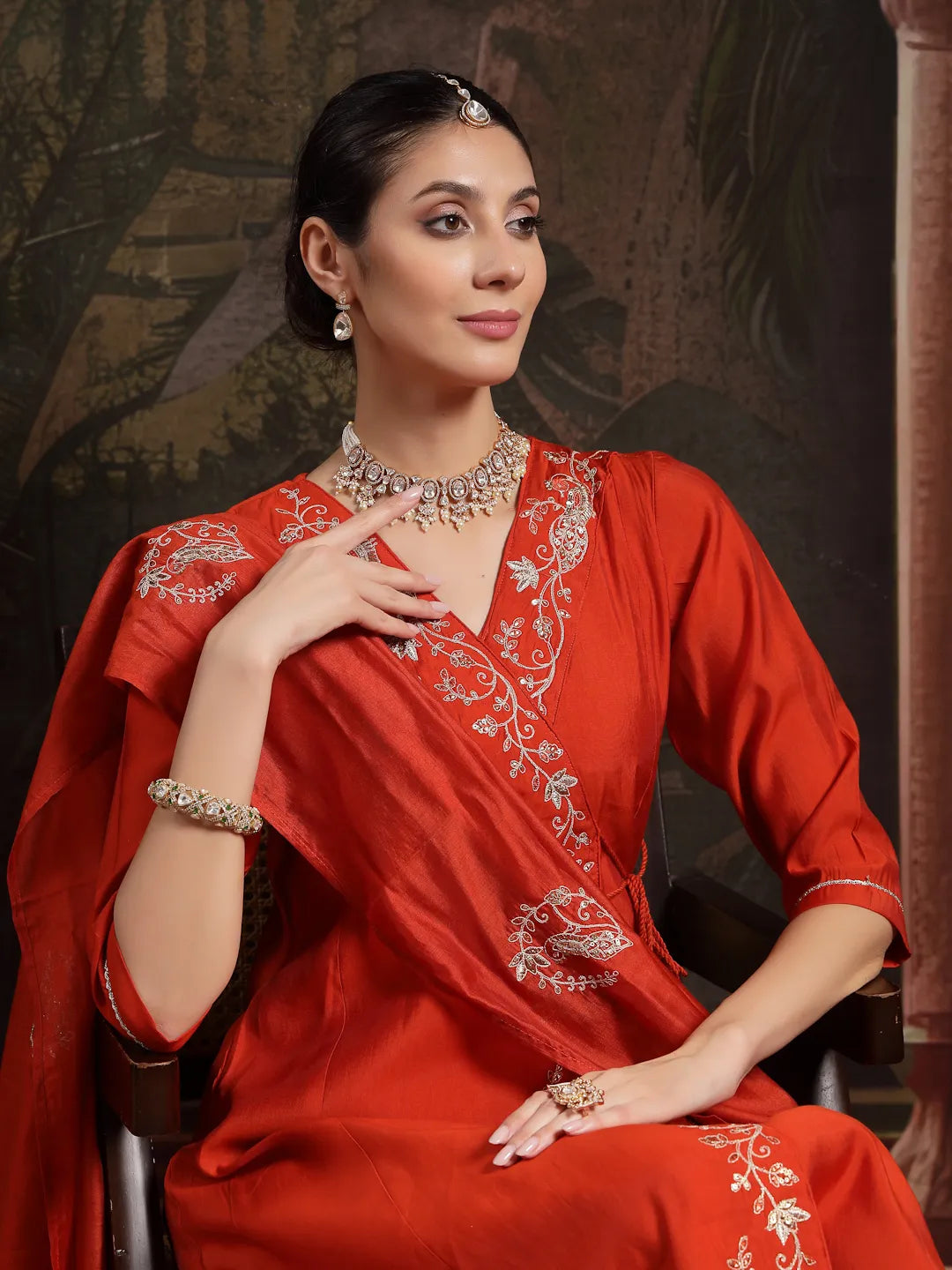 Orange Silk Blend Dori Embroidery Angrakha Kurta Set With Divider Palazzo