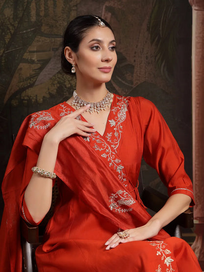 Orange Silk Blend Dori Embroidery Angrakha Kurta Set With Divider Palazzo
