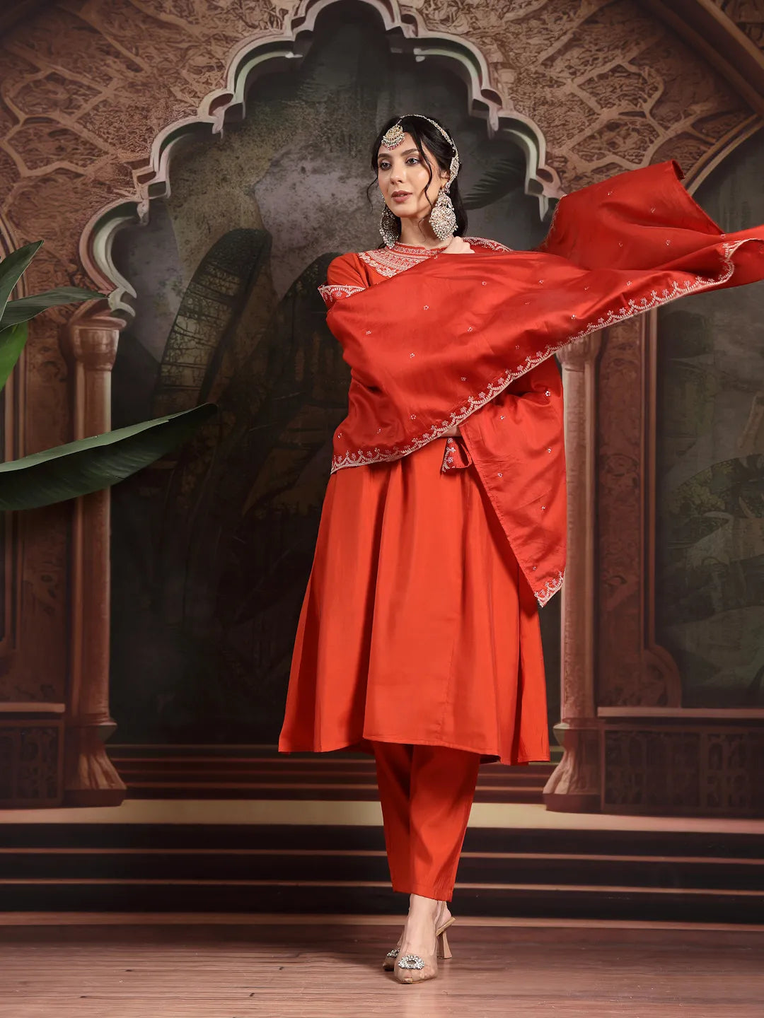 Orange Silk Blend Kurta Dupatta Pant Set