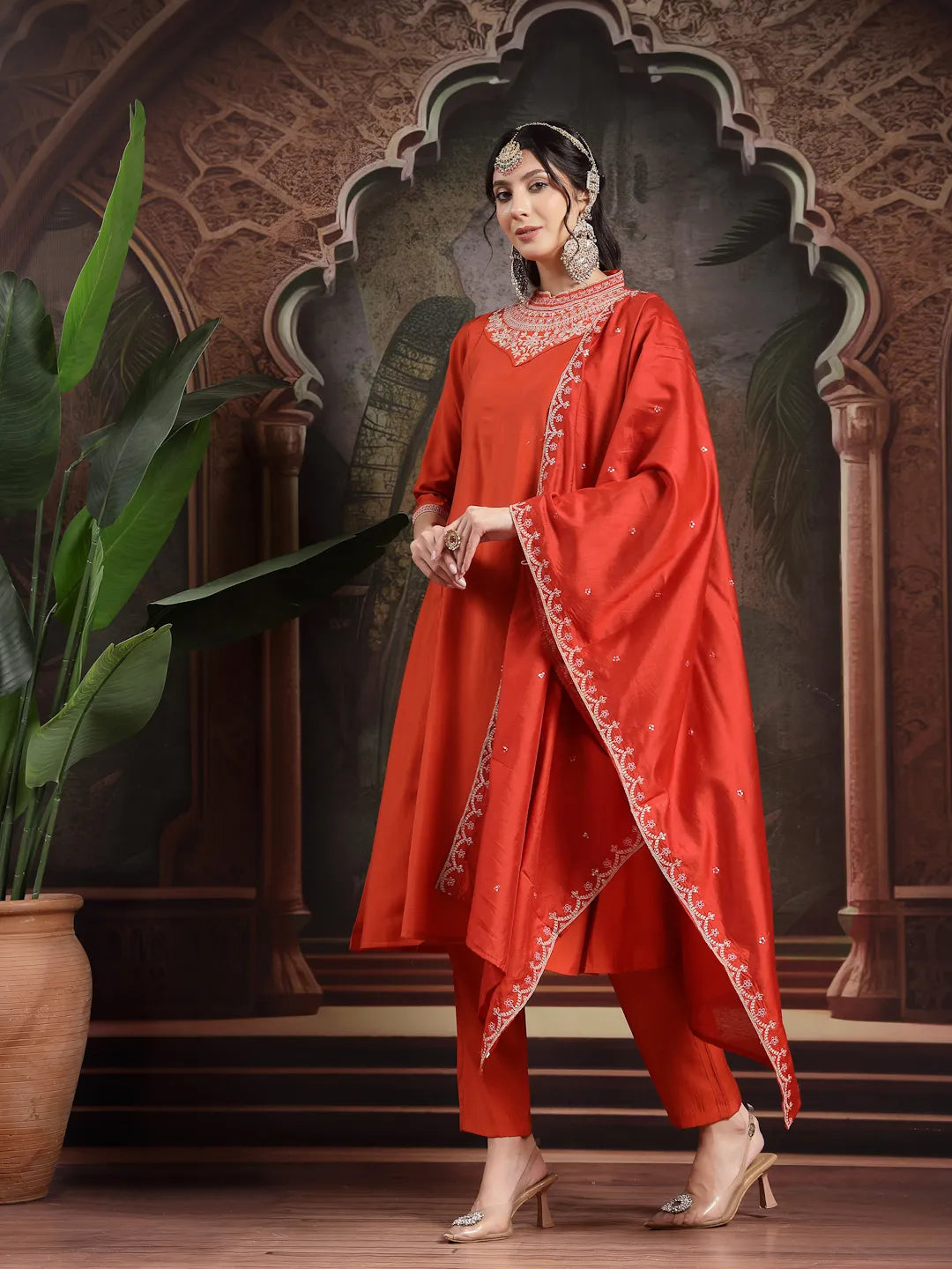 Orange Silk Blend Kurta Dupatta Pant Set