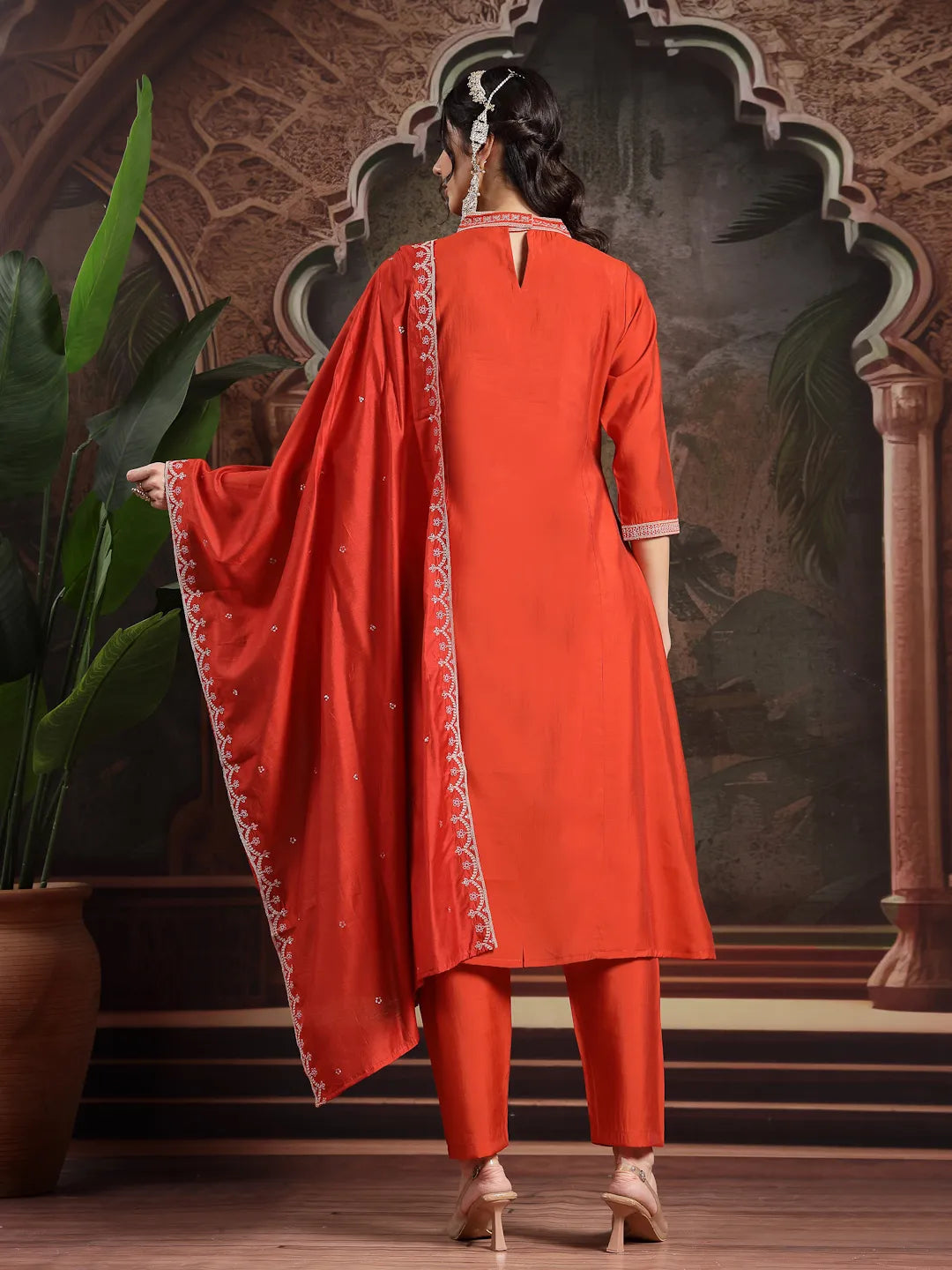 Orange Silk Blend Kurta Dupatta Pant Set