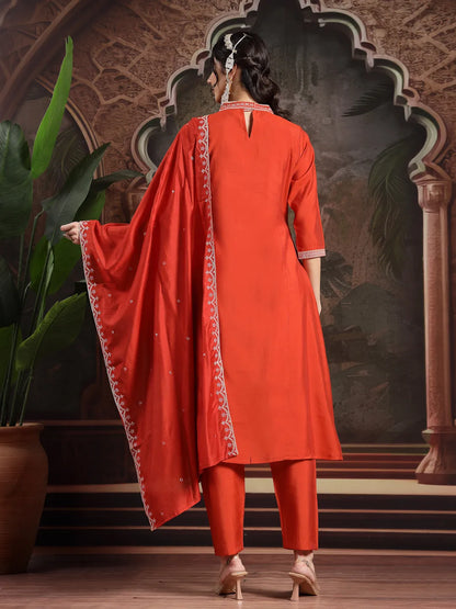 Orange Silk Blend Kurta Dupatta Pant Set