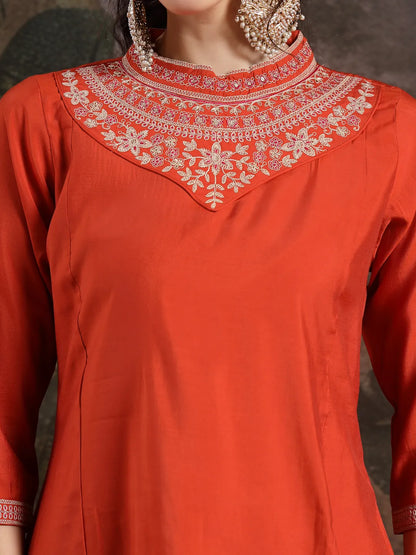 Orange Silk Blend Kurta Dupatta Pant Set