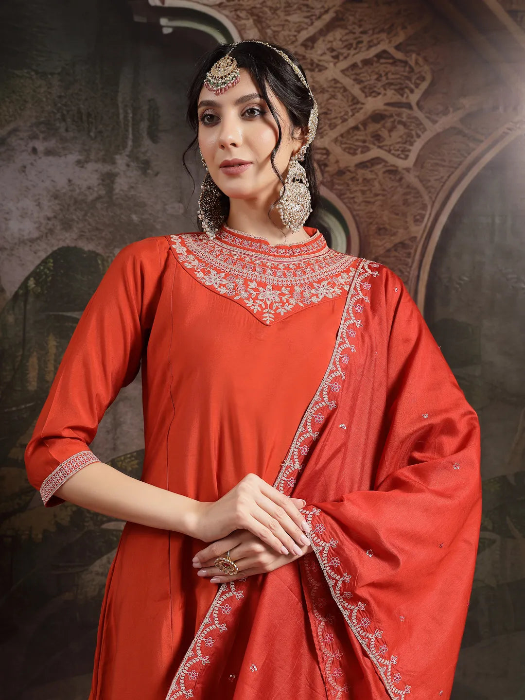 Orange Silk Blend Kurta Dupatta Pant Set