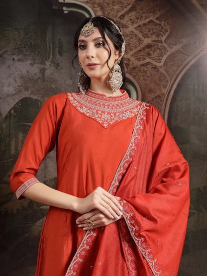 Orange Silk Blend Kurta Dupatta Pant Set