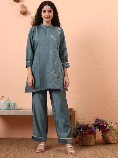 Women's Blue Silk Blend Blue Silk Blend Thread Work Co-Ord Set by Yufta, suitable for wholesale buyers, boutiques, retailers, resellers and bulk fashion orders from Trendphoria