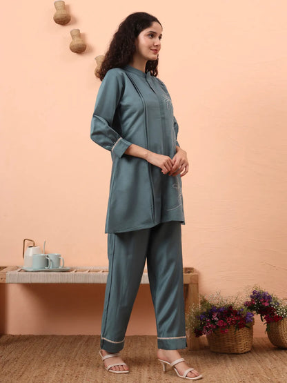 Blue Silk Blend Thread Work Co-Ord Set