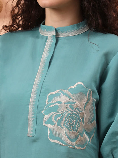 Blue Silk Blend Mandarin Collar Thread Work Co-Ord Set