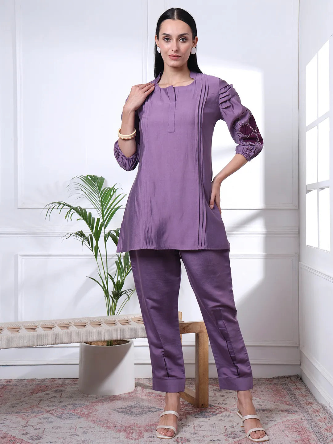 Purple Thread Work Pure Silk Blend Tunic And Trouser Co-Ord Set