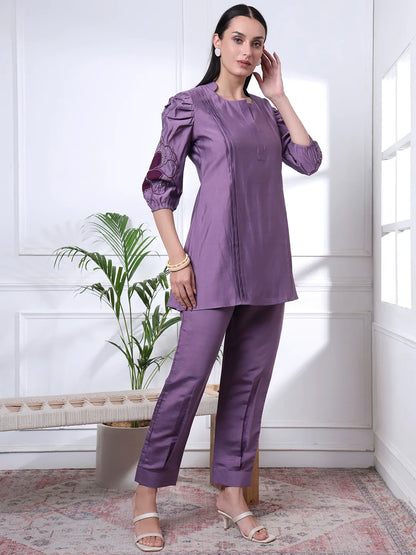 Purple Thread Work Pure Silk Blend Tunic And Trouser Co-Ord Set