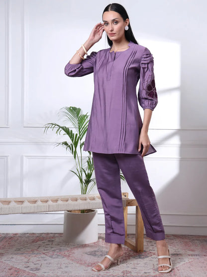 Purple Thread Work Pure Silk Blend Tunic And Trouser Co-Ord Set