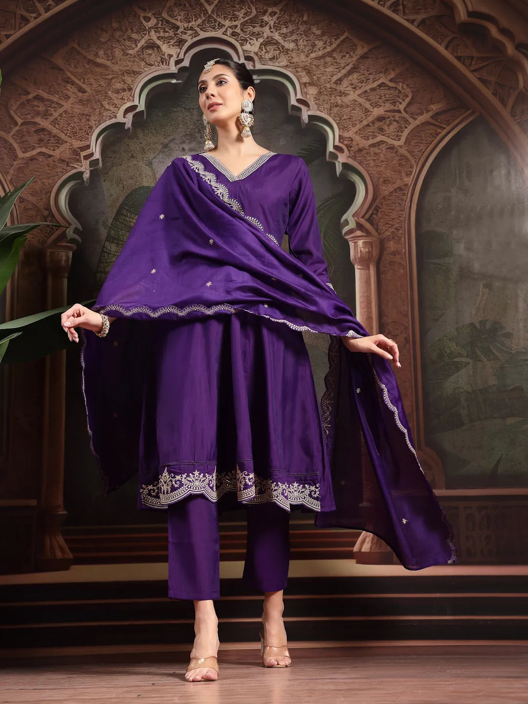 Purple Embroidered A-Line Kurta Trouser Dupatta Set