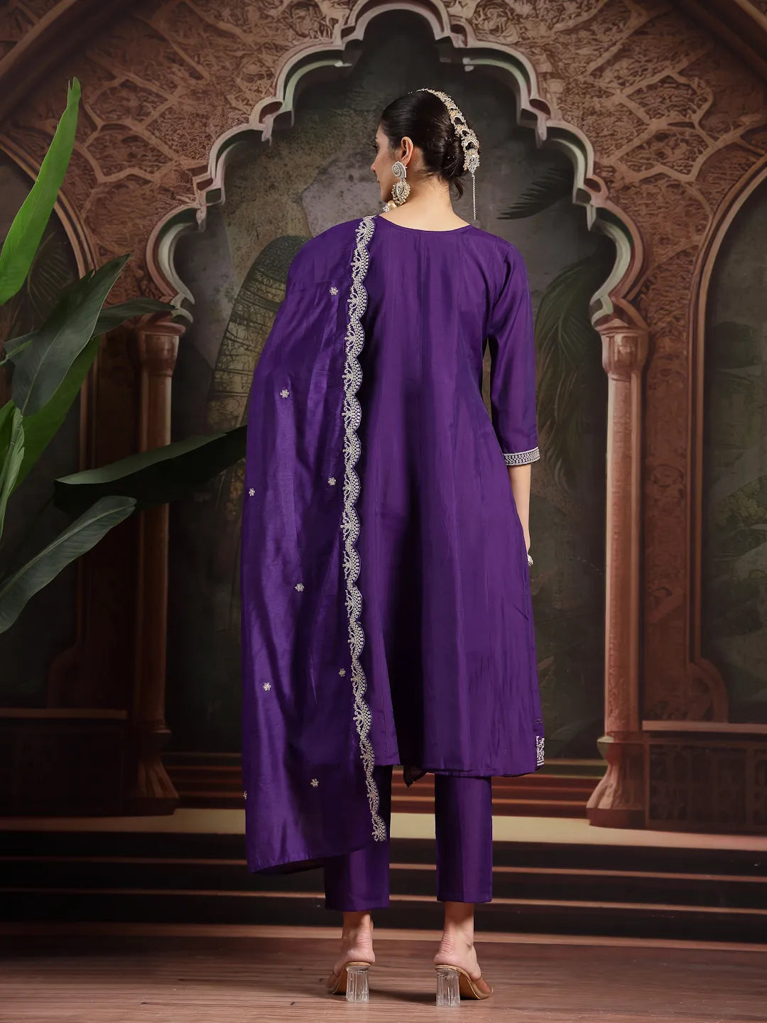 Purple Embroidered A-Line Kurta Trouser Dupatta Set