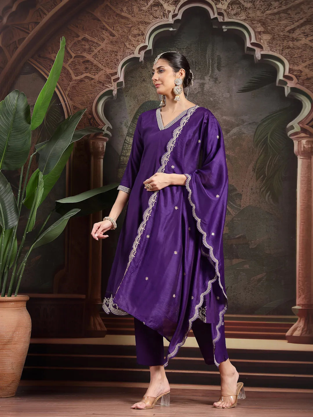 Purple Embroidered A-Line Kurta Trouser Dupatta Set