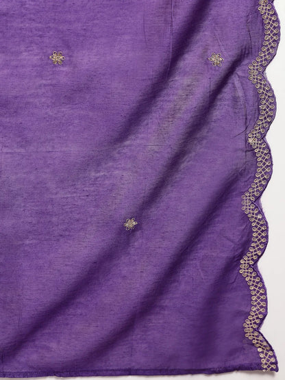 Purple Embroidered A-Line Kurta Trouser Dupatta Set