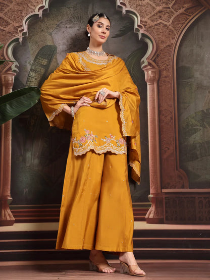 Yellow Silk Blend Embroidered Straight Kurta Dupatta Palazzo Set