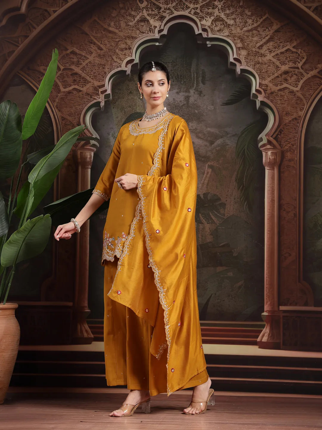Yellow Silk Blend Embroidered Straight Kurta Dupatta Palazzo Set