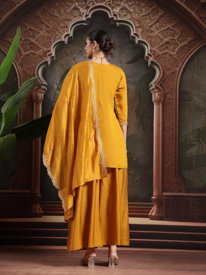 Yellow Silk Blend Embroidered Straight Kurta Dupatta Palazzo Set