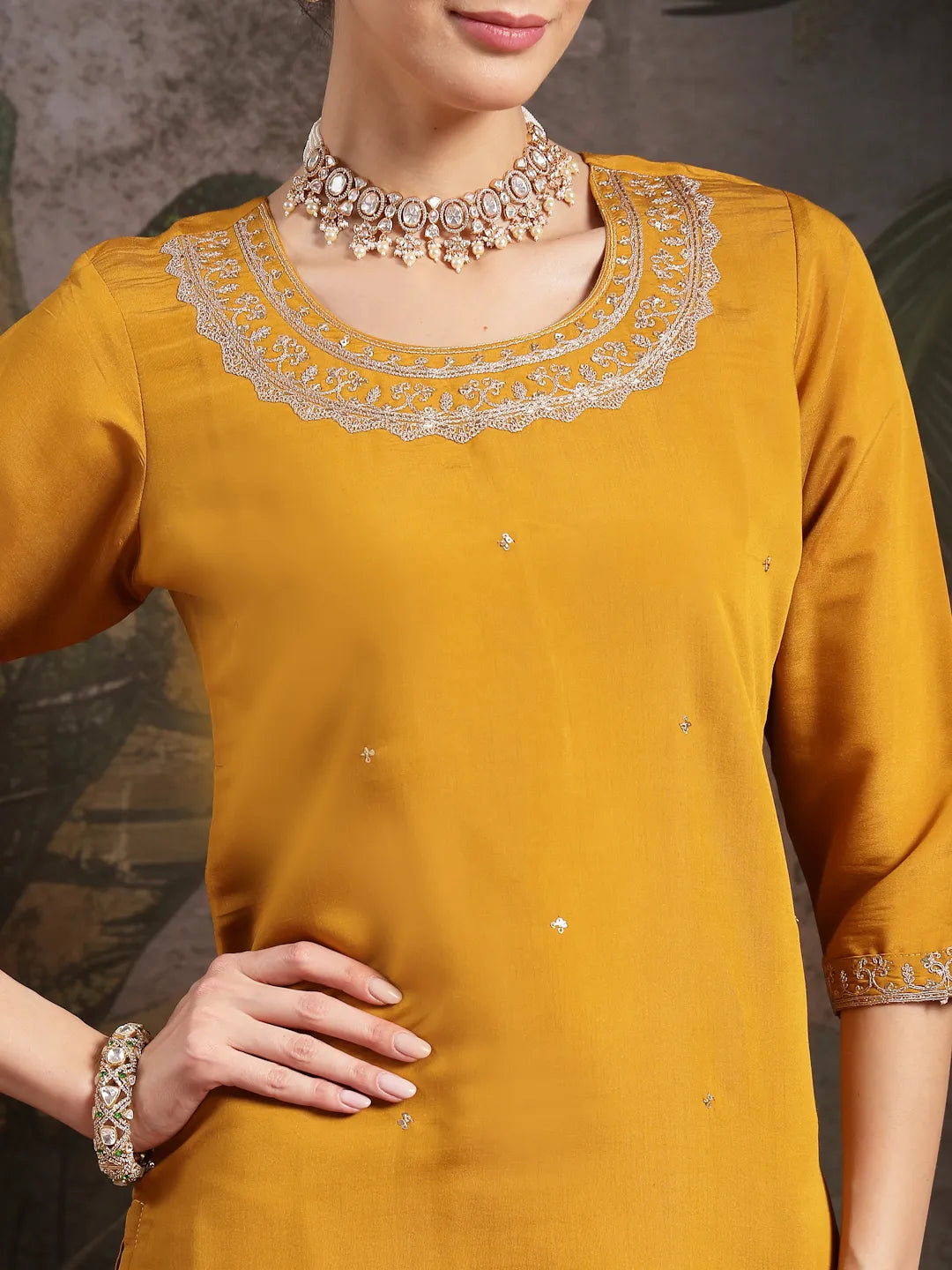 Yellow Silk Blend Embroidered Straight Kurta Dupatta Palazzo Set