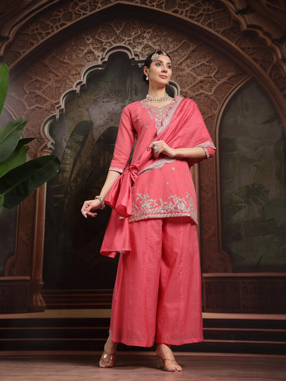 Pink Silk Blend Embroidered Straight Kurta Dupatta Palazzo Set