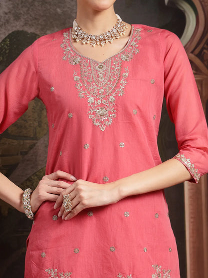 Pink Silk Blend Embroidered Straight Kurta Dupatta Palazzo Set