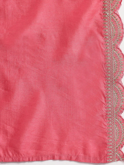 Pink Silk Blend Embroidered Straight Kurta Dupatta Palazzo Set