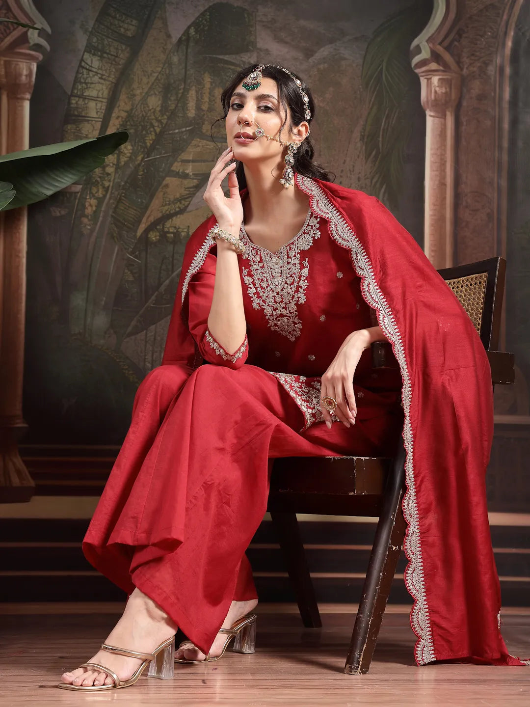 Women's Red Silk Blend Red Silk Blend Embroidered Straight Kurta Dupatta Palazzo Set by Yufta, suitable for wholesale buyers, boutiques, retailers, resellers and bulk fashion orders from Trendphoria