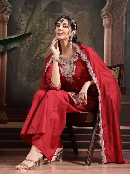 Women's Red Silk Blend Red Silk Blend Embroidered Straight Kurta Dupatta Palazzo Set by Yufta, suitable for wholesale buyers, boutiques, retailers, resellers and bulk fashion orders from Trendphoria