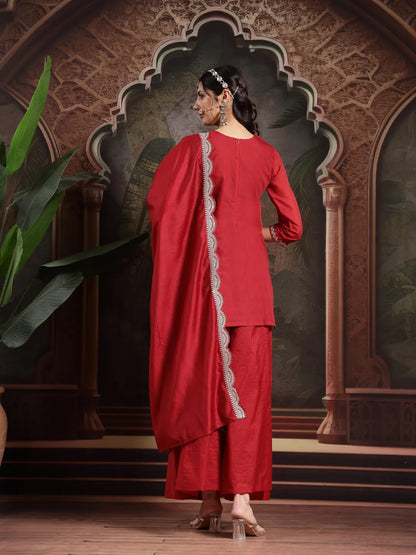Red Silk Blend Embroidered Straight Kurta Dupatta Palazzo Set