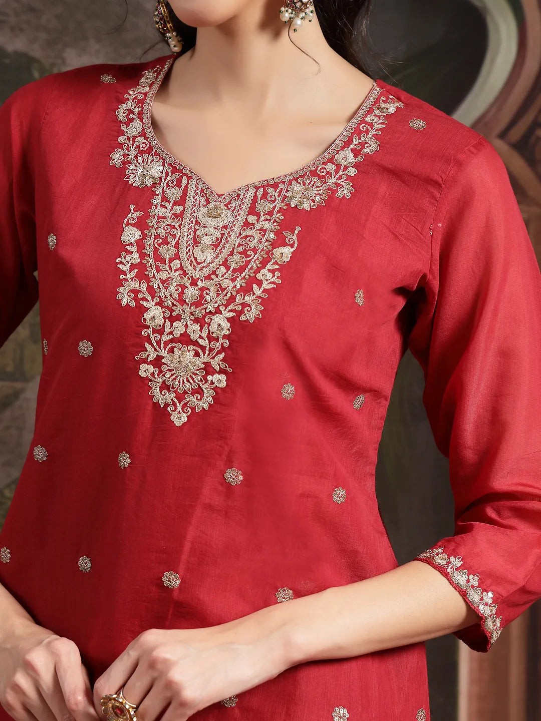 Red Silk Blend Embroidered Straight Kurta Dupatta Palazzo Set