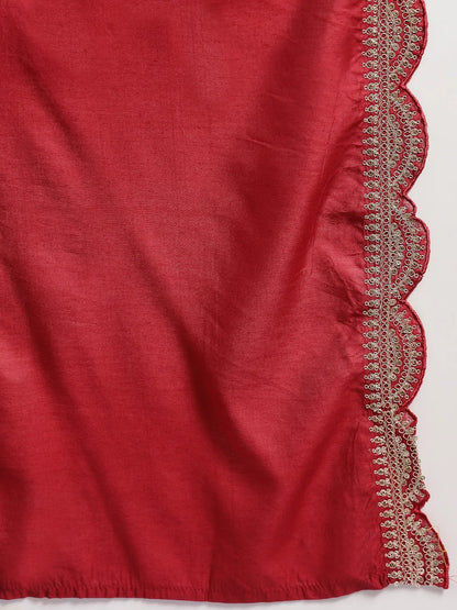 Red Silk Blend Embroidered Straight Kurta Dupatta Palazzo Set