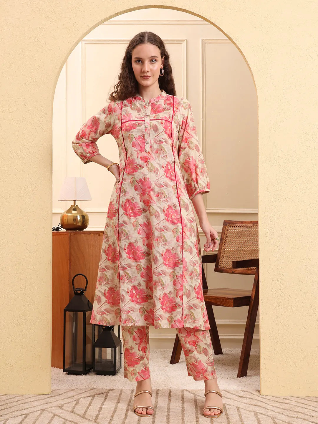 Pink Floral Print Linen A-Line Kurta Trouser Set