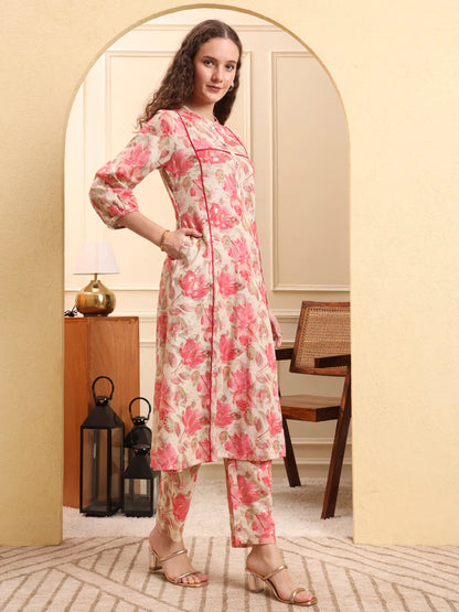 Pink Floral Print Linen A-Line Kurta Trouser Set