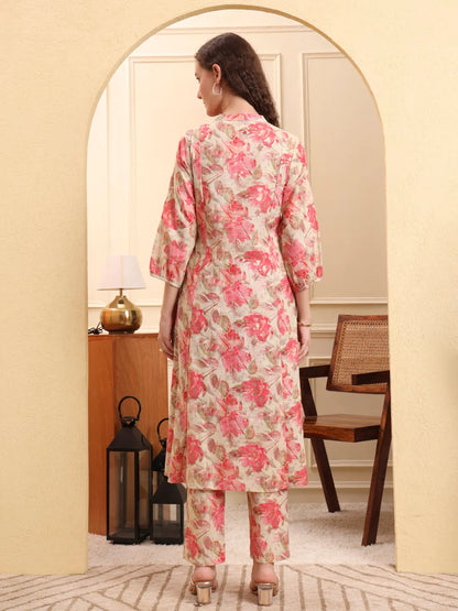Pink Floral Print Linen A-Line Kurta Trouser Set