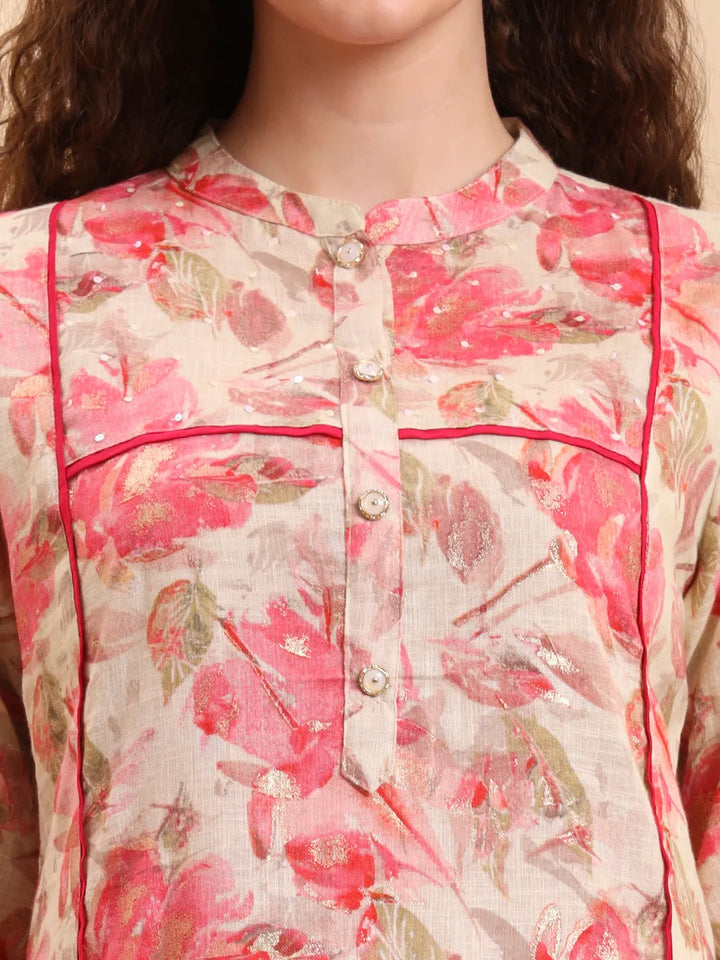 Pink Floral Print Linen A-Line Kurta Trouser Set