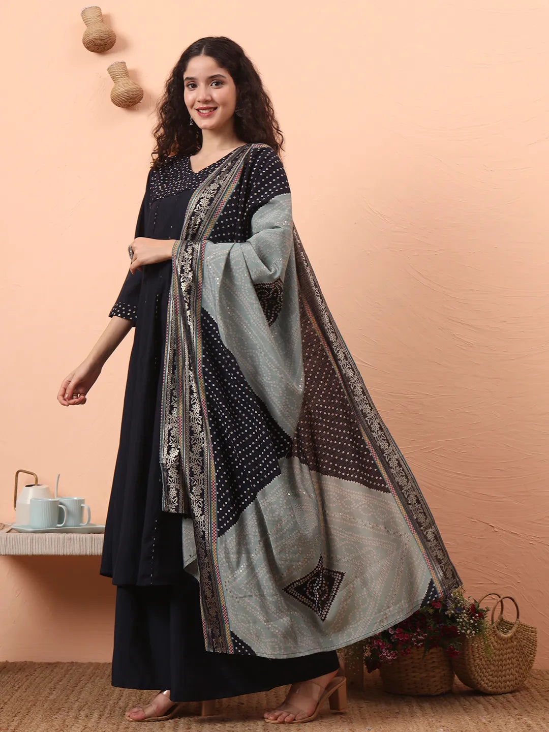 Navy Silk Blend Piping Design Anarkali Kurta Dupatta Palazzo Set