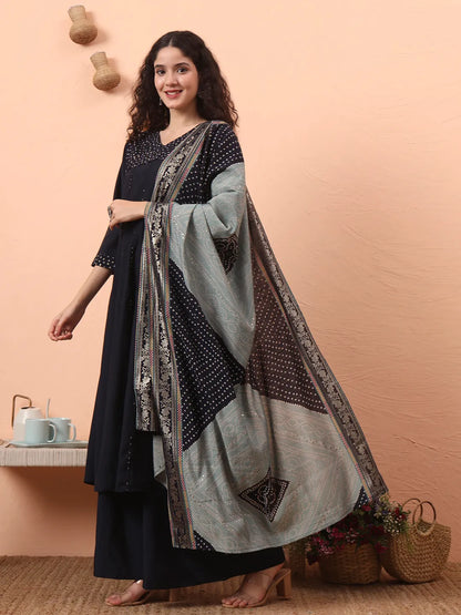Navy Blue Silk Blend Piping Design Anarkali Kurta Dupatta Palazzo Set