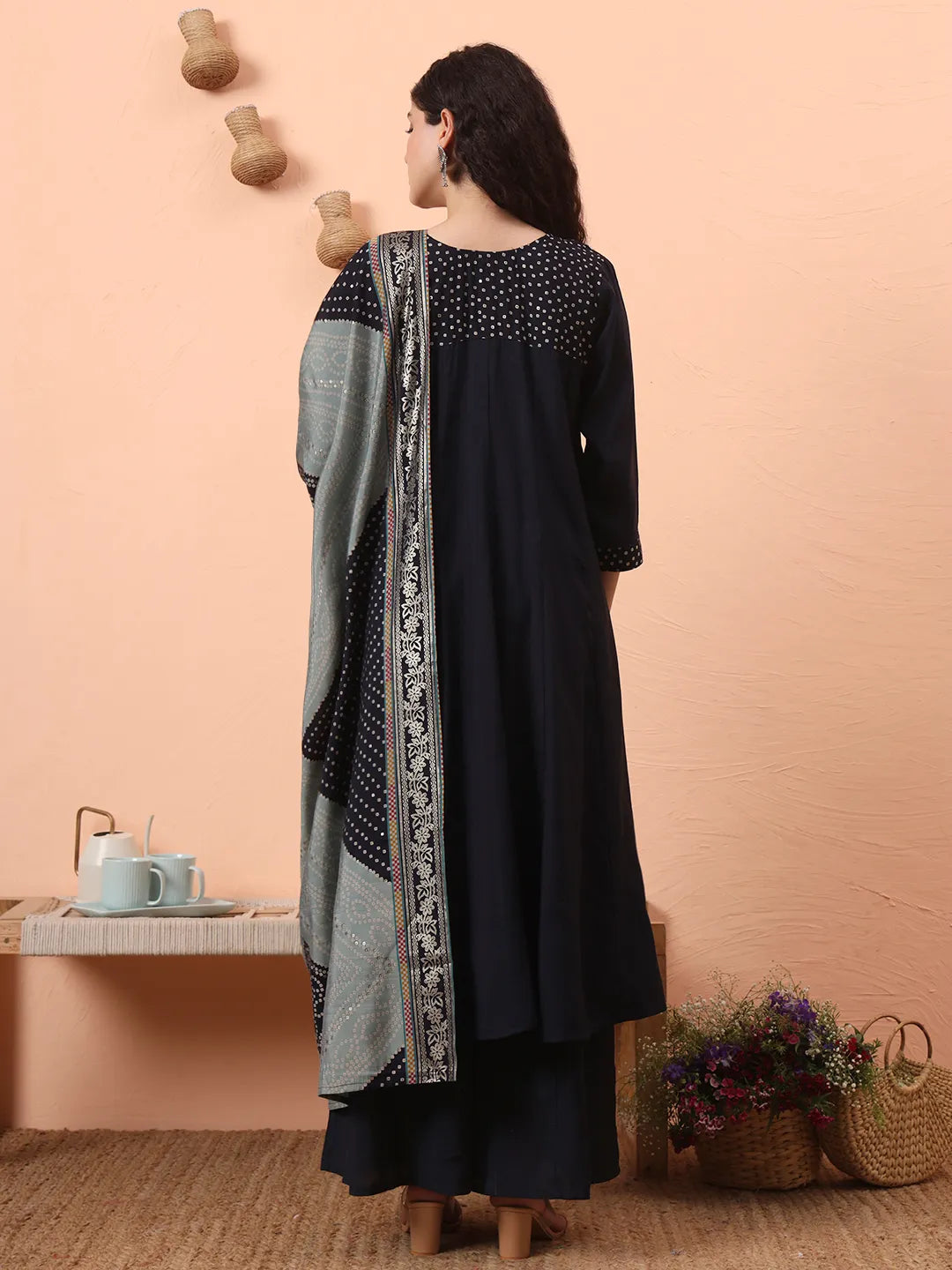 Navy Silk Blend Piping Design Anarkali Kurta Dupatta Palazzo Set