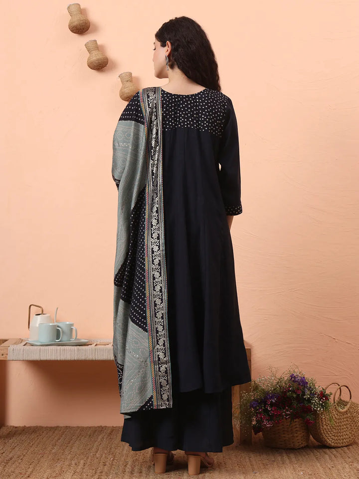 Navy Silk Blend Piping Design Anarkali Kurta Dupatta Palazzo Set
