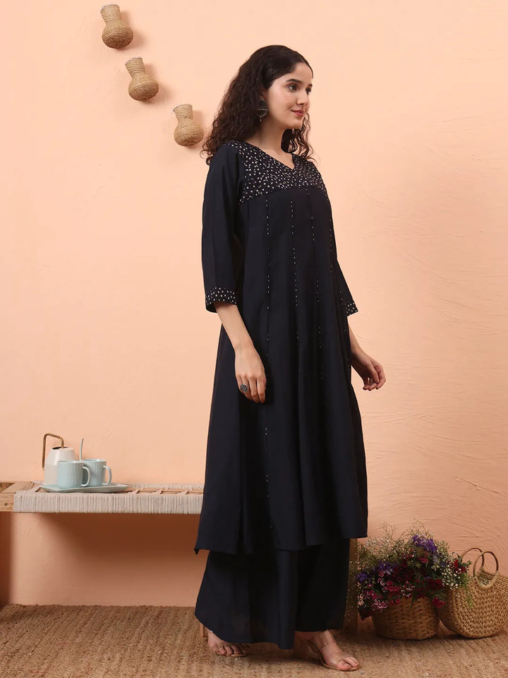 Navy Silk Blend Piping Design Anarkali Kurta Dupatta Palazzo Set