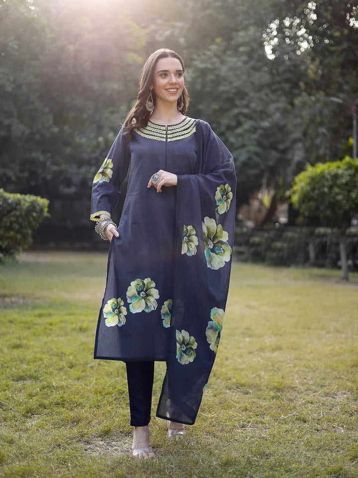 Navy Blue Cotton Straight Pakistani Kurta Trouser Dupatta Set