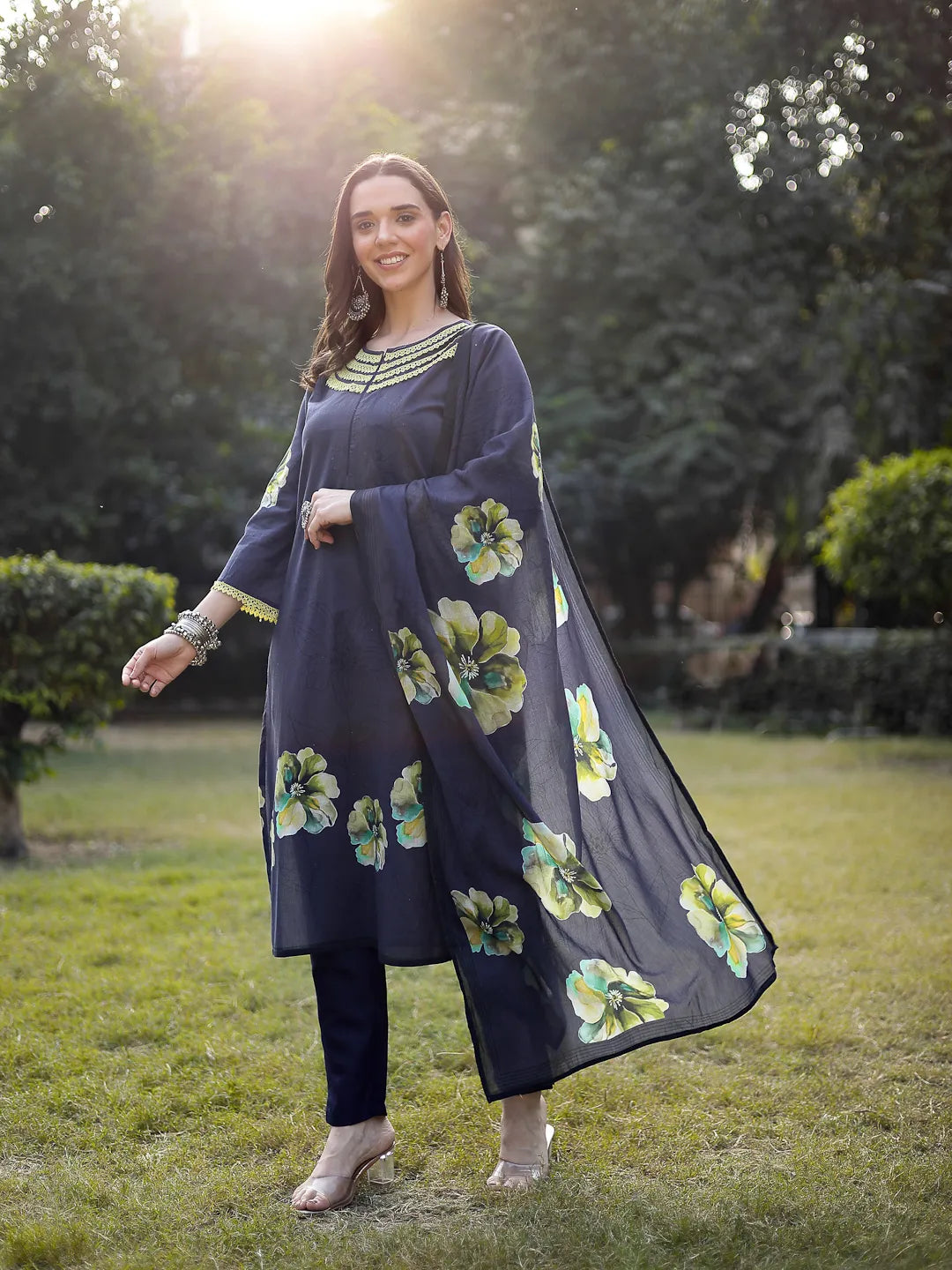 Navy Blue Cotton Straight Pakistani Kurta Trouser Dupatta Set