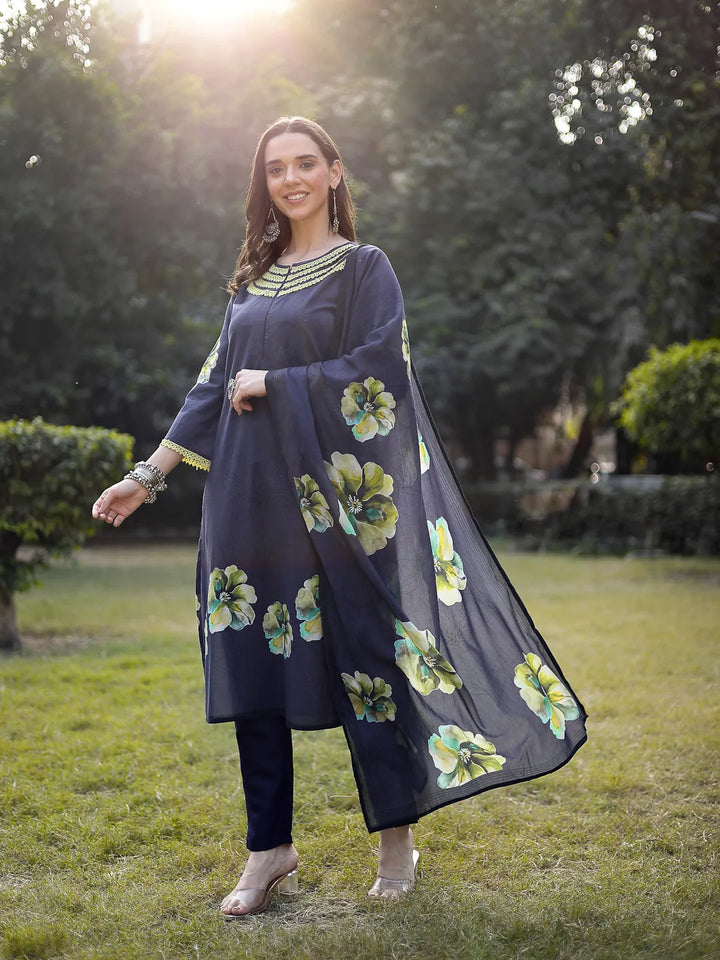 Navy Blue Cotton Straight Pakistani Kurta Trouser Dupatta Set