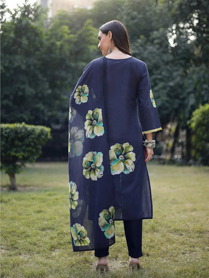 Navy Blue Cotton Straight Pakistani Kurta Trouser Dupatta Set