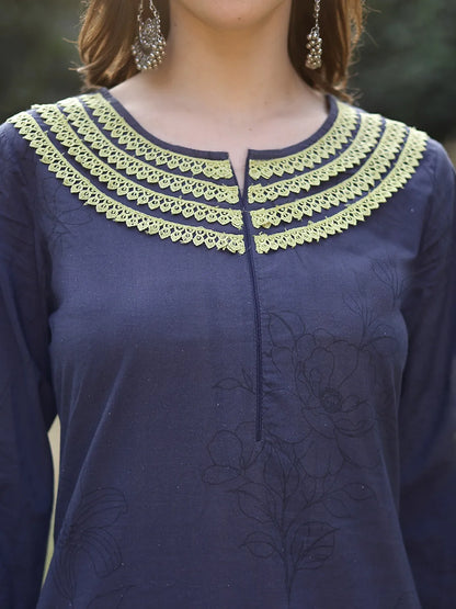 Navy Blue Cotton Straight Pakistani Kurta Trouser Dupatta Set